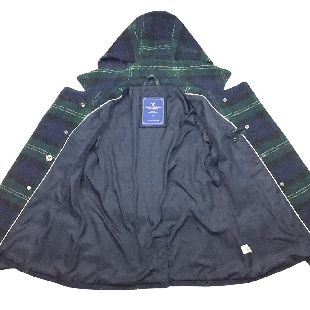 American Eagle Wool Blend Plaid Hooded Pea Coat Jacket Women M L Green Blue Y2K - Picture 4 of 12